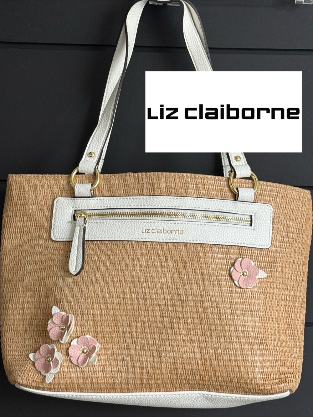 Liz Claiborne Natural Straw Tote with White Trim and Pink Floral Appliqués